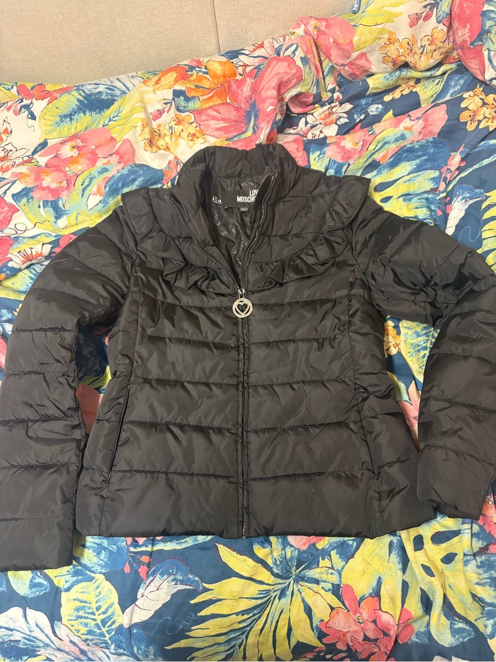 Moschino Black Quilted Puff Jacket with Ruffle Trim